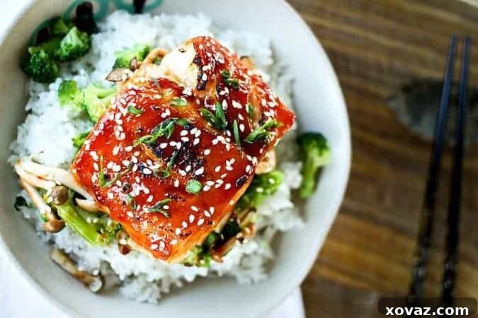 Finished plate of Korean Miso and Honey Glazed Cod with rice and vegetables.