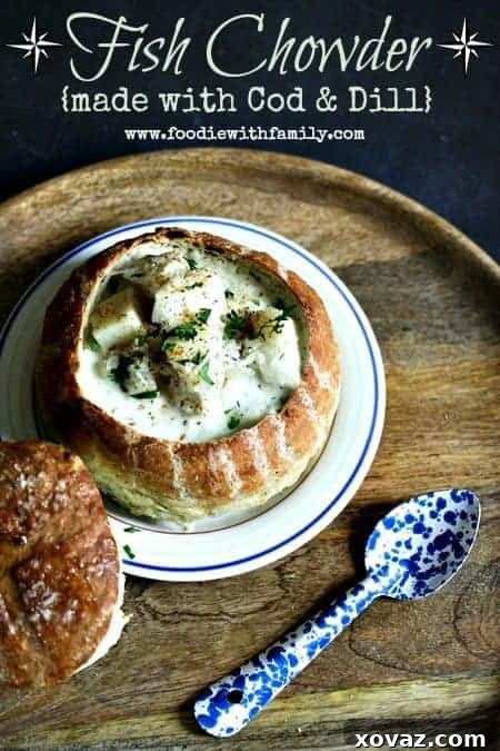 Comforting Cod and Dill Fish Chowder, served in a bread bowl, perfect for Lenten Fridays or any cozy evening meal. A classic comfort food experience.