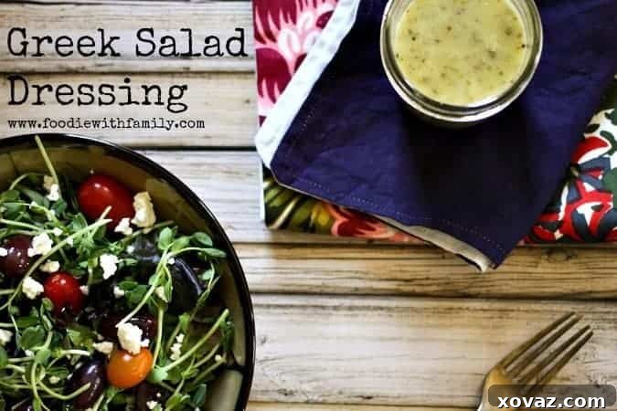 Vibrant Greek Salad Dressing with fresh lemon, garlic, oregano, and olive oil, ready for a healthy meal.