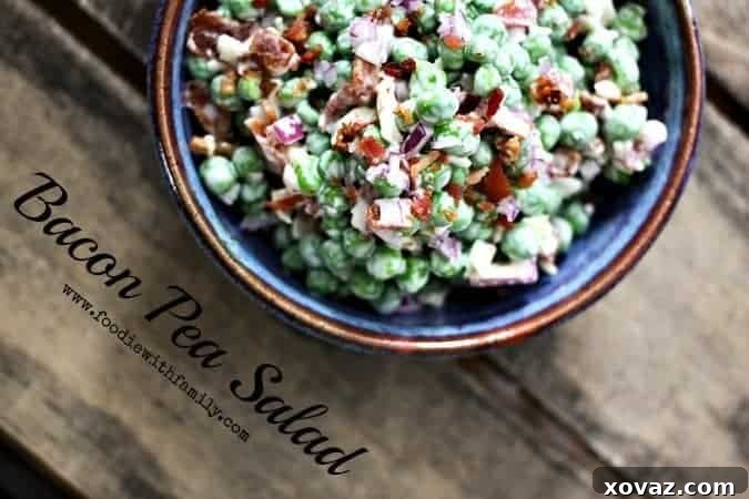 Close-up of creamy Bacon Pea Salad, showcasing the peas, bacon, and cheese. Perfect for picnics or holiday gatherings.