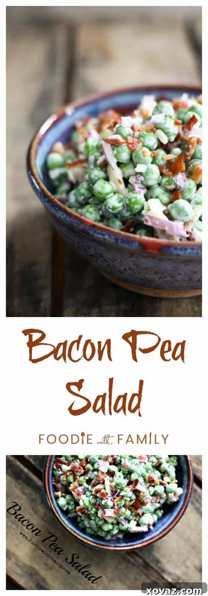 Large serving of Easy Bacon Pea Salad, perfect for a family gathering or potluck, highlighting its vibrant colors and delicious ingredients.