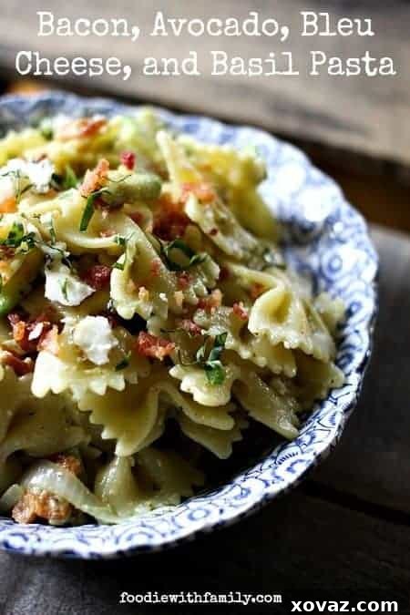 Close-up of creamy Bacon, Avocado, Bleu Cheese, and Basil Pasta - A Vibrant and Flavorful Dish