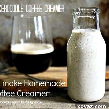 Homemade Snickerdoodle Coffee Creamer, showcasing its creamy texture and flecks of cinnamon, invitingly poured into a glass jar. foodiewithfamily.com
