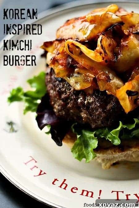 Close-up of a Korean Inspired Kimchi Burger from foodiewithfamily.com, showing the delicious toppings and spicy mayo.