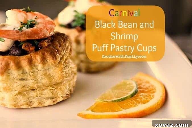 Carnival Shrimp and Black Bean Pastry Puffs 2 Vibrant Carnival Black Bean and Shrimp Puff Pastry Cups, perfect for a World Cup party appetizer, showcasing Brazilian inspired flavors.