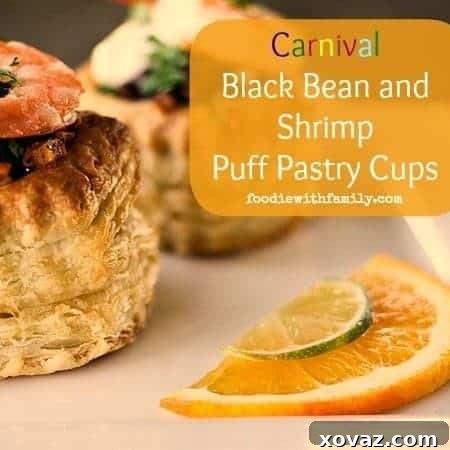 Carnival Black Bean and Shrimp Puff Pastry Cups, a visually appealing appetizer.