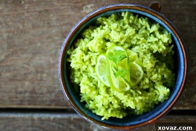 Close-up of fragrant, vibrant Cilantro Lime Rice ready to be served.