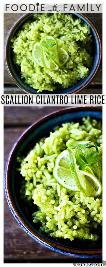 A large serving of Cilantro Lime Rice, highlighting its vibrant green color and fluffy texture.