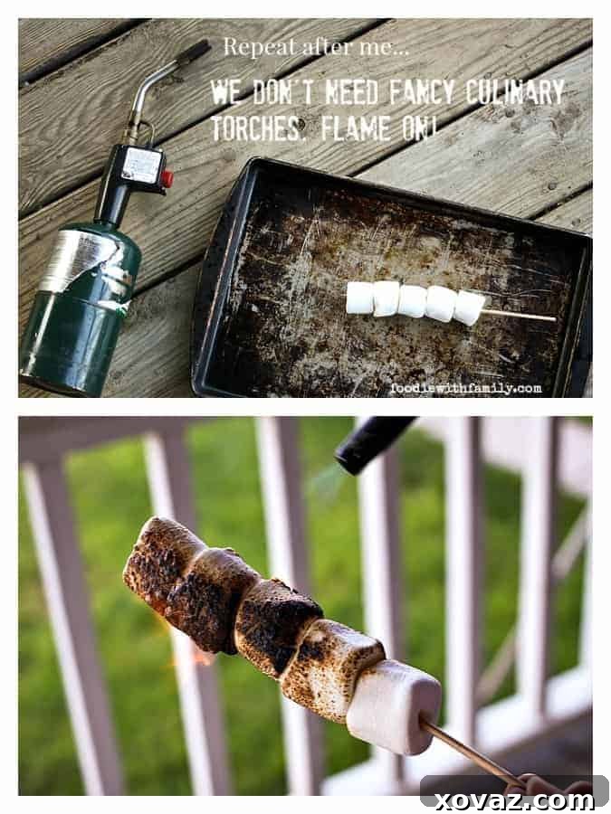 Toasted Marshmallow and Chocolate S'mores Milkshake 3 Close-up of marshmallows being toasted with a torch for a s'mores milkshake