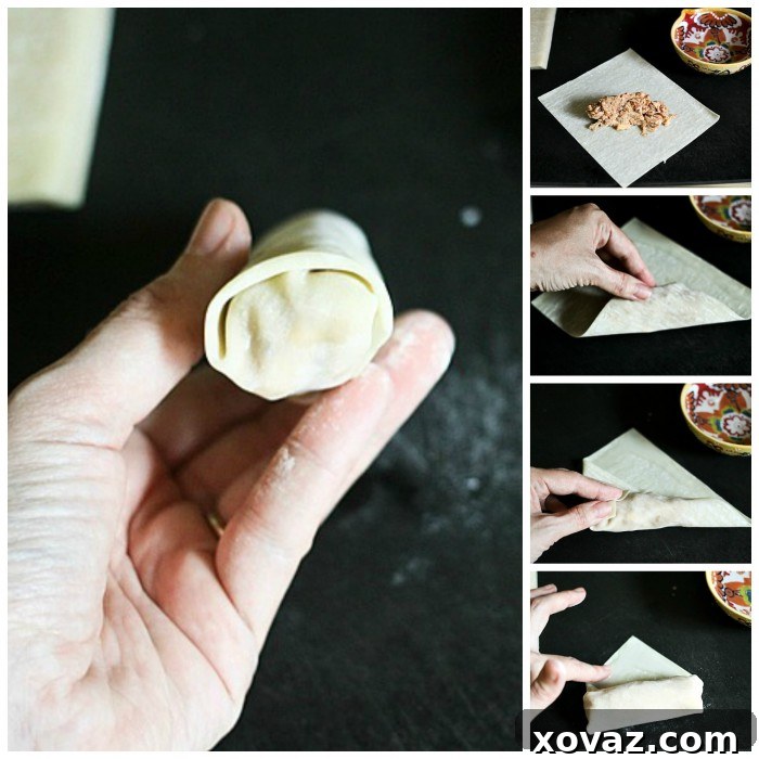 A step-by-step collage demonstrating how to roll Cheesy Barbecue Chicken and Bacon Eggrolls