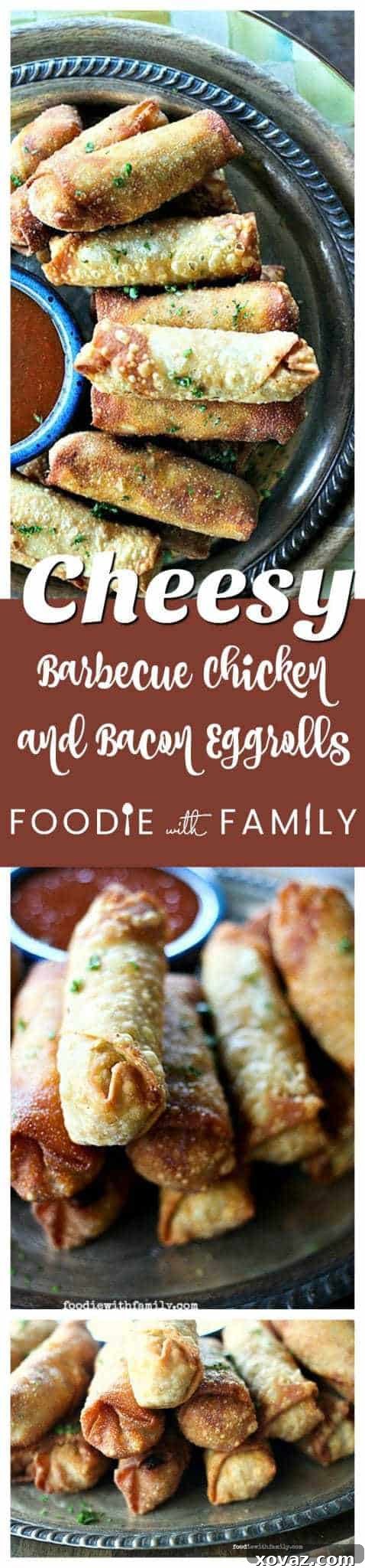 A large batch of crunchy Cheesy Barbecue Chicken and Bacon Egg Rolls, ready to be enjoyed