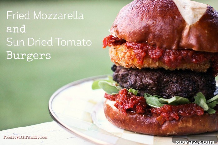 Fried Mozzarella and Sun Dried Tomato Burgers from foodiewithfamily.com
