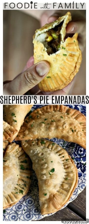 Shepherd's Pie Pockets 6 Shepherd's Pie Empanadas served on a rustic plate with fresh herbs, highlighting their comforting and appetizing presentation.