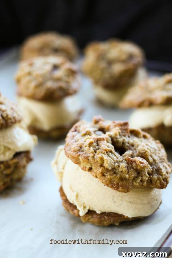 Cinnamon Frozen Custard and Caramel Apple Oatmeal Cookie ice cream sandwiches on foodiewithfamily.com