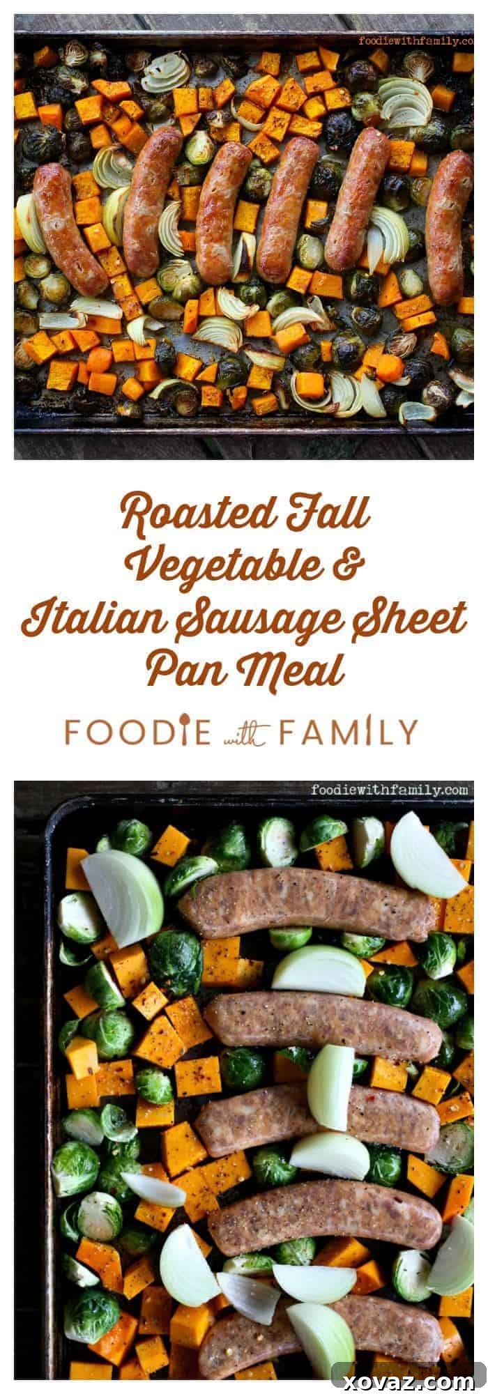 A beautifully presented serving of the Roasted Fall Vegetable & Italian Sausage Sheet Pan Meal, highlighting the golden-brown caramelized vegetables and juicy sausage. from foodiewithfamily.com