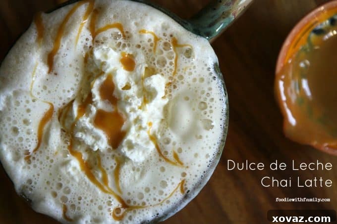 Dulce de Leche Infused Chai Latte 3 Close-up of a delectable Dulce de Leche Chai Latte, also known as Caramel Chai Latte, perfect for any time of day. Recipe from foodiewithfamily.com