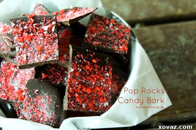 Exploding Chocolate Bark 2 Festive Pop Rocks Candy Bark, a delightful and easy holiday chocolate treat featuring candy cane Pop Rocks for a unique fizz