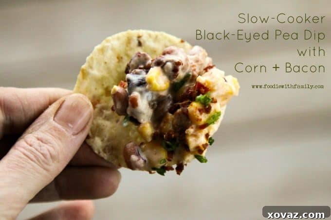 Slow Cooker Black Eyed Pea Corn and Bacon Dip 3 Easy Slow-Cooker Black-Eyed Pea Dip with Corn and Bacon, served with tortilla chips.