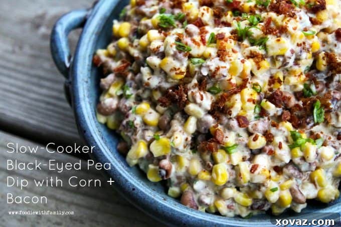 Slow Cooker Black Eyed Pea Corn and Bacon Dip 4 Close-up of creamy Slow-Cooker Black-Eyed Pea Dip with Corn and Bacon, ready to serve.