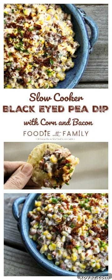 Slow Cooker Black Eyed Pea Corn and Bacon Dip 6 Serving of Slow-Cooker Black-Eyed Pea Dip with Corn and Bacon, garnished with fresh green onions and bacon bits.