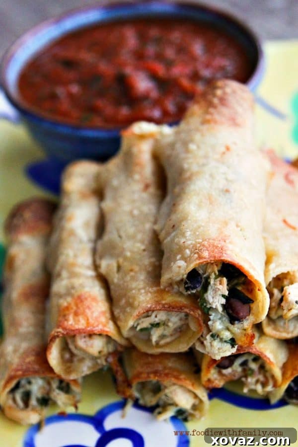 Crispy Baked Cheesy Chicken and Bean Taquitos 2 Delicious Baked Cheesy Chicken and Bean Taquitos recipe from Foodie With Family