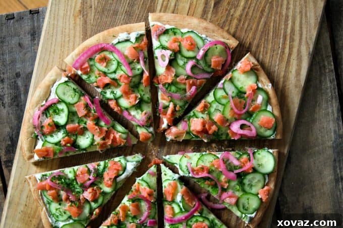 Smoked Salmon Cucumber Cream Cheese Pizza foodiewithfamily.com