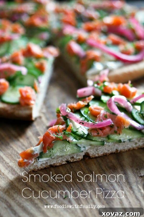 Smoked Salmon Cucumber Cream Cheese Pizza foodiewithfamily.com