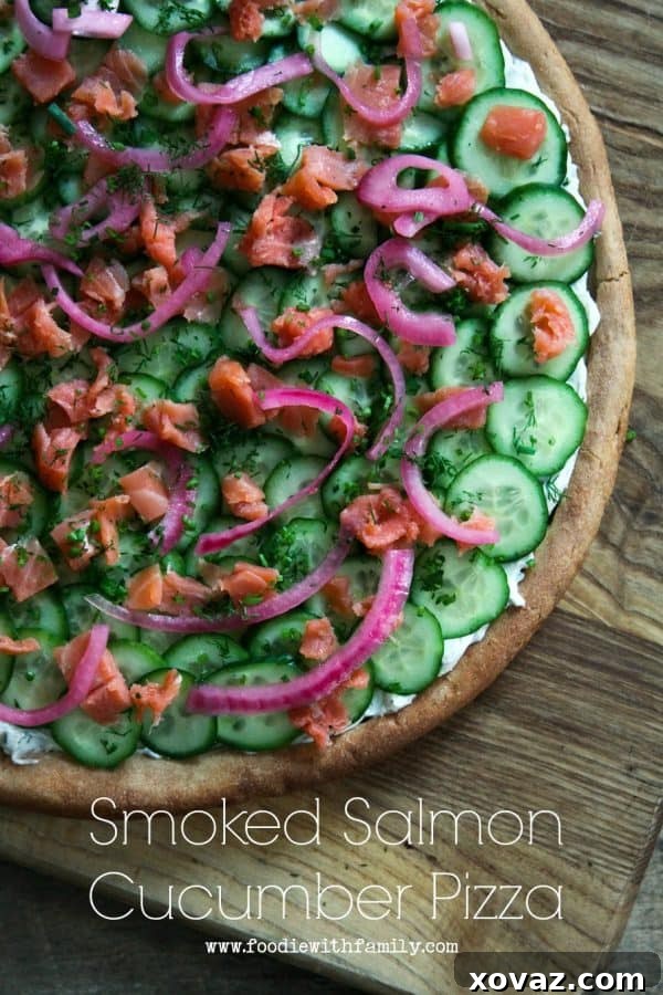 Smoked Salmon Cucumber Cream Cheese Pizza foodiewithfamily.com