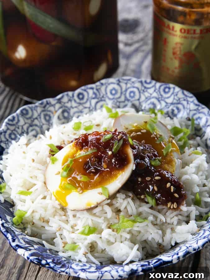 Delicious soft-boiled Soy Sauce Eggs, also known as Ramen Eggs, marinated in a flavorful sauce.