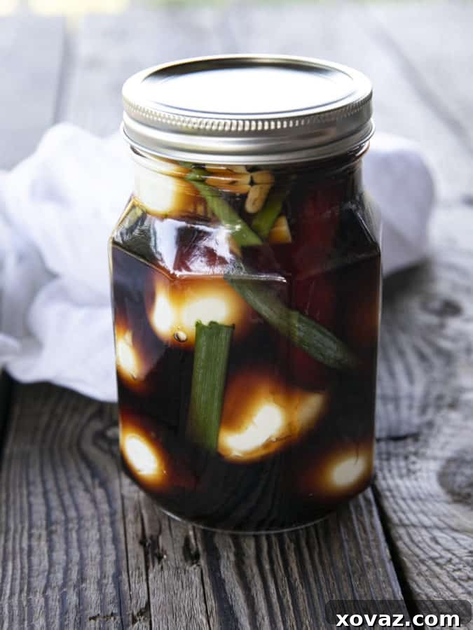 Soy Sauce Eggs sliced in half, served over a bowl of rice with green onions and a side of Asian Marinated Cucumber Salad.