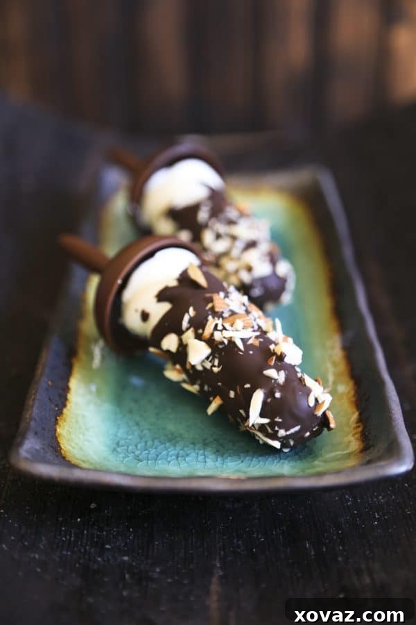 Close-up of a homemade Dark Chocolate Almond Frozen Yogurt Pop, showcasing the rich chocolate coating and crunchy almond pieces.