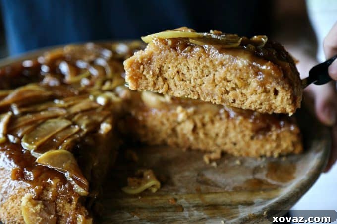 Close-up of the caramelized apple topping on a vegan skillet cake.