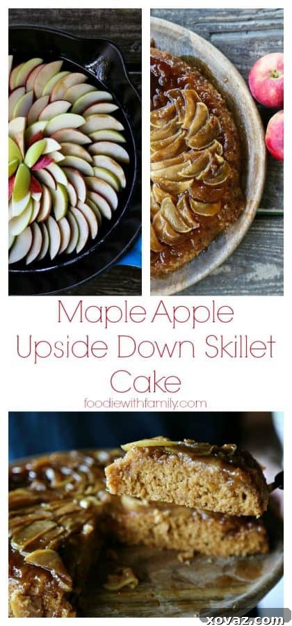 Slice of vegan Maple Apple Upside Down Skillet Cake with caramel sauce.