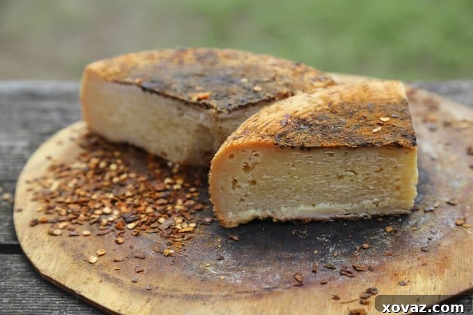 Detailed shot of artisanal cheeses, highlighting their texture and craftsmanship.