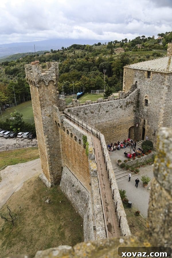 The quaint streets and historic buildings of Montalcino, a quintessential Tuscan village.