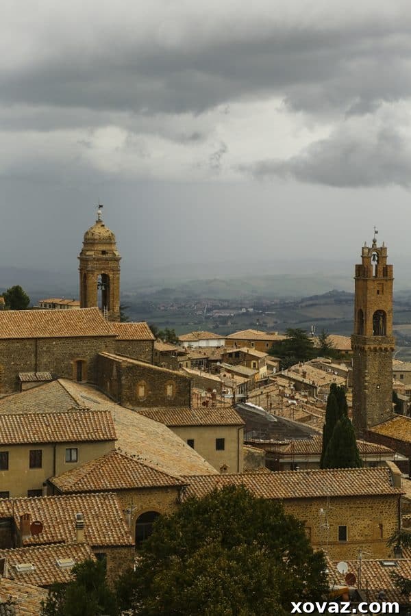 A stunning view of the rolling Tuscan hills and vineyards surrounding Montalcino.