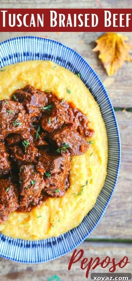 Peposo: Tuscany's Peppery Braised Beef 8 Tuscan Braised Beef in red wine sauce on creamy polenta in a blue and white dish.