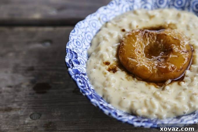 Modern Peaches and Cream Rice Pudding from foodiewithfamily.com
