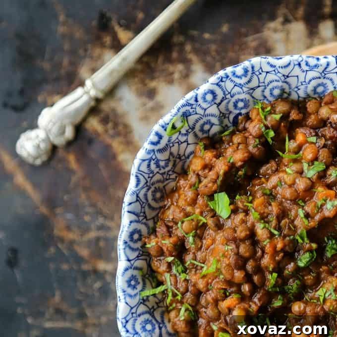 Thick, hearty Lentil Stew with ham, ideal for cozy winter evenings.