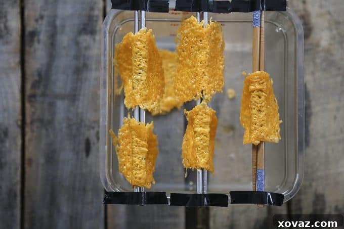 Close-up of crispy taco shells made from melted and shaped Cheddar cheese