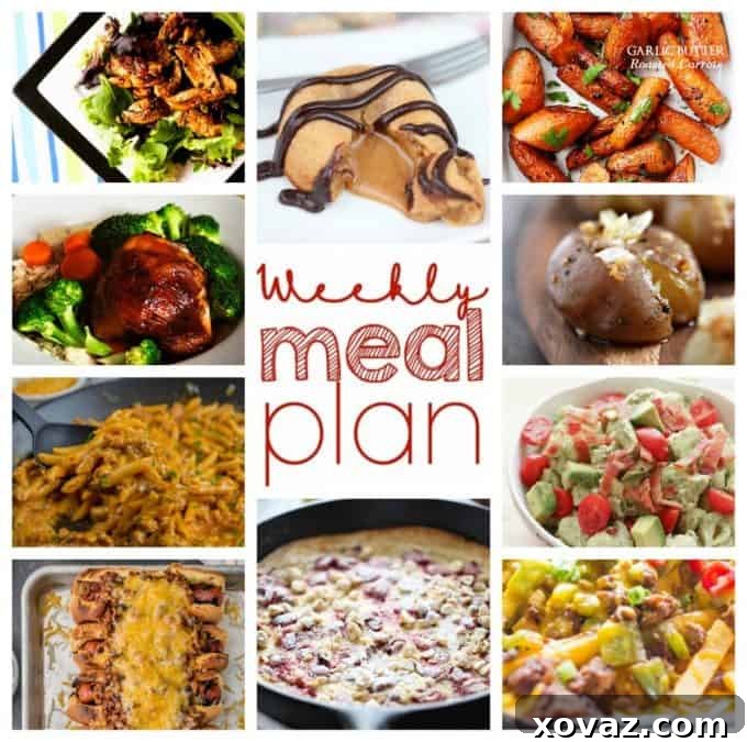 Easy Meal Plan from foodiewithfamily and friends featuring One Pan Cheesy Skillet Chili Mac, Loaded Nacho Fries, Mahogany Chicken Thighs, Balsamic Chicken Dinner Salad, Bacon Avocado Tomato Pasta Salad, Best Ever Chili Dogs, Smashed Potatoes, Roasted Carrots, Peanut Butter Lava Cakes, and Raspberry Hazelnut Dutch Baby. A collage of delicious home-cooked meals.