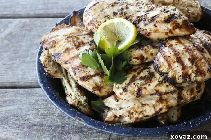 Juicy, grilled Greek Lemon Garlic Chicken from foodiewithfamily.com
