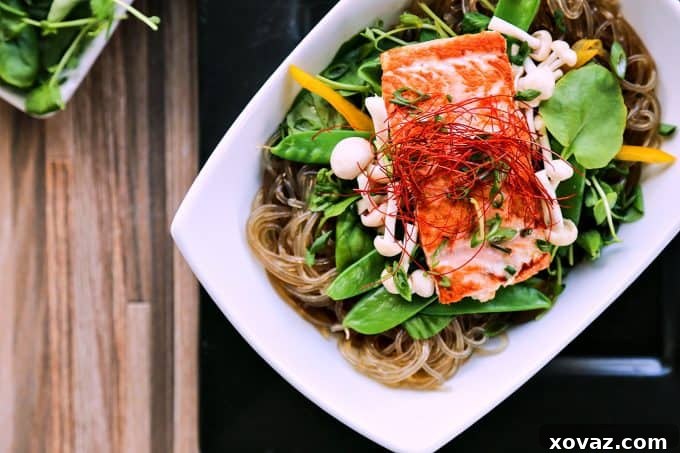 Salmon + Greens Asian Noodle Bowls from foodiewithfamily.com with glass noodles