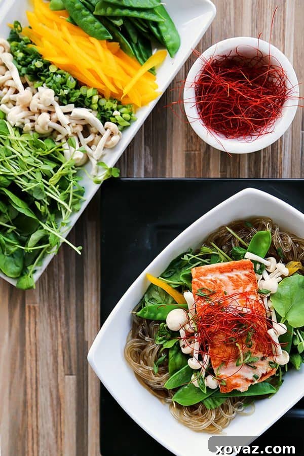 Salmon + Greens Asian Noodle Bowls from foodiewithfamily.com with glass noodles