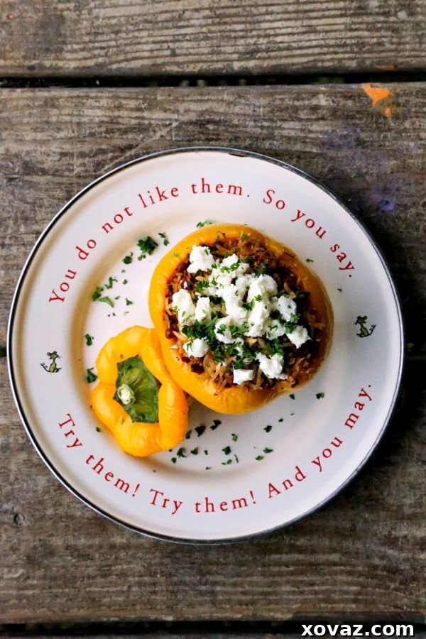 Healthy Greek Stuffed Peppers 4 A close-up of a beautifully plated Lightened Up Greek Style Stuffed Pepper, garnished with feta and parsley.