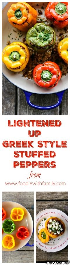 Healthy Greek Stuffed Peppers 6 Lightened Up Greek Style Greek Stuffed Peppers plated for a meal, garnished with fresh herbs and feta cheese.