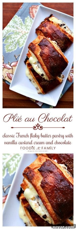 Exquisite French Chocolate Custard Pastries 4 Plié Au Chocolat: buttery puff pastry spread on one side with pastry cream & miniature chocolate chips, then folded, & baked to flaky, mahogany perfection.