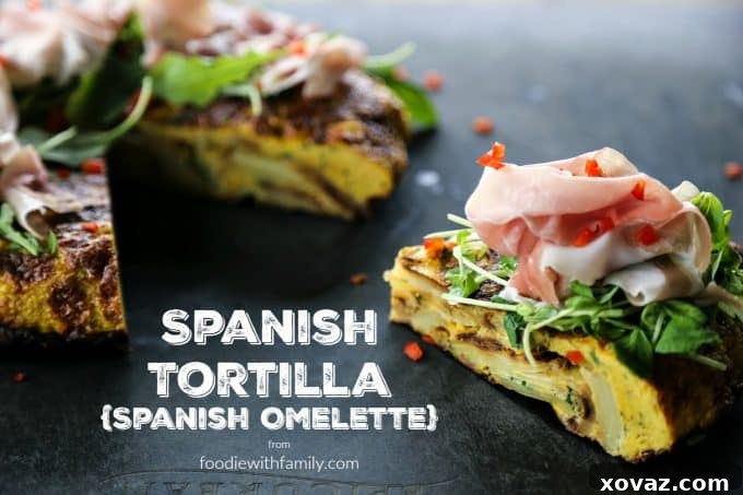 Spanish Tortilla or Spanish Omelette is filled with tender potatoes and onions, ready to be served.