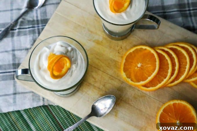Sunshine Orange Mousse 3 A close-up view of Creamy Orange Mousse in a glass dish, highlighting its creamy texture and vibrant orange color. The image suggests a cool, refreshing summer treat made with Florida Orange Juice.