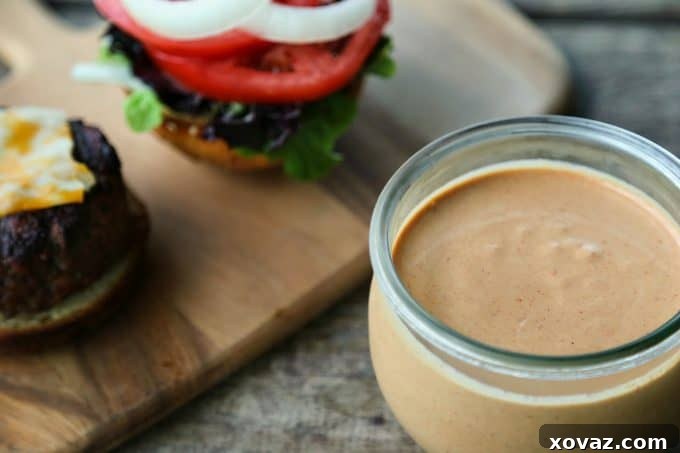The Ultimate Burger Condiment 3 A close-up of Burger Sauce in a small white bowl, ready for dipping.